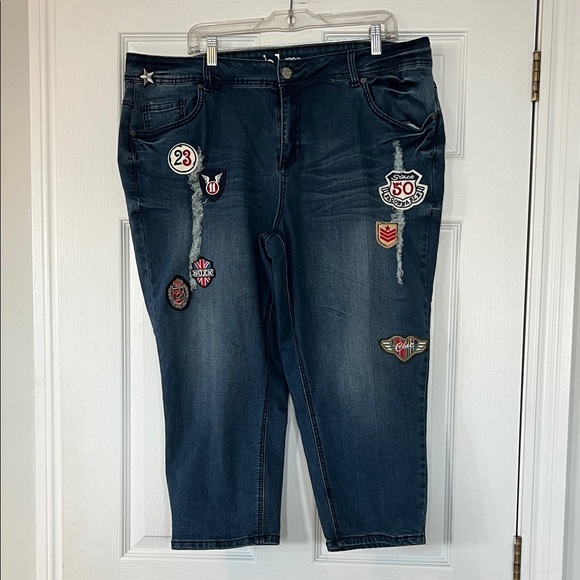 Denim - Women's Dark Blue Patchwork Distressed Jeans
